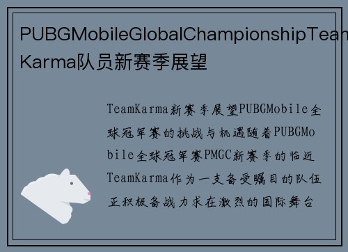 PUBGMobileGlobalChampionshipTeamKarma队员新赛季展望