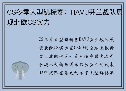 CS冬季大型锦标赛：HAVU芬兰战队展现北欧CS实力