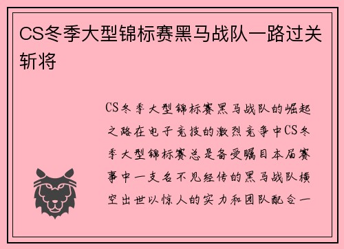 CS冬季大型锦标赛黑马战队一路过关斩将