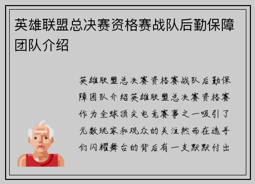 英雄联盟总决赛资格赛战队后勤保障团队介绍